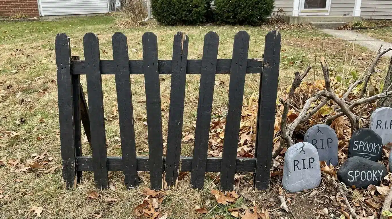 Crooked black picket fence panel in a front yard