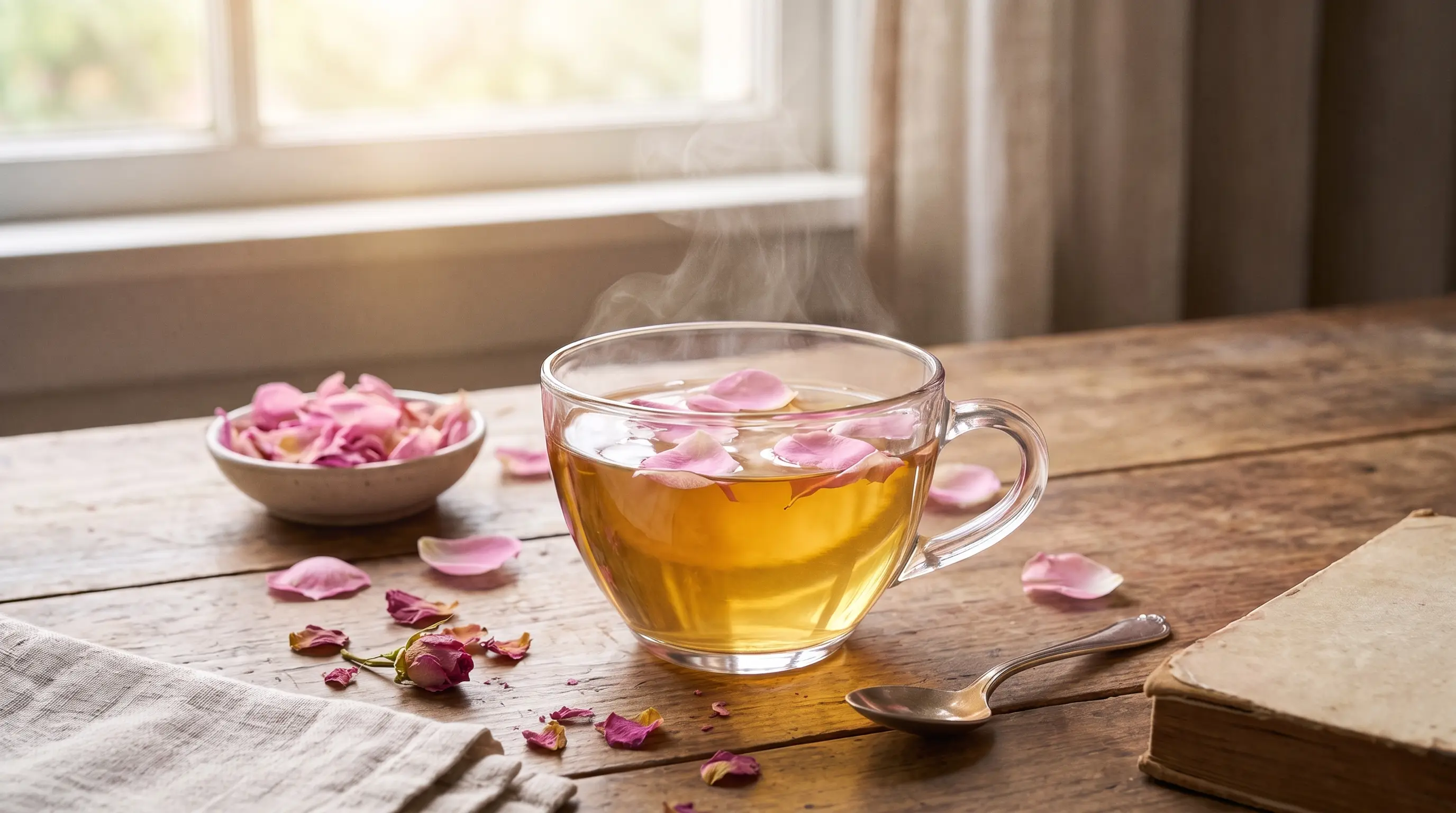 Cup of rose petal tea with dried petals and fresh roses beside it