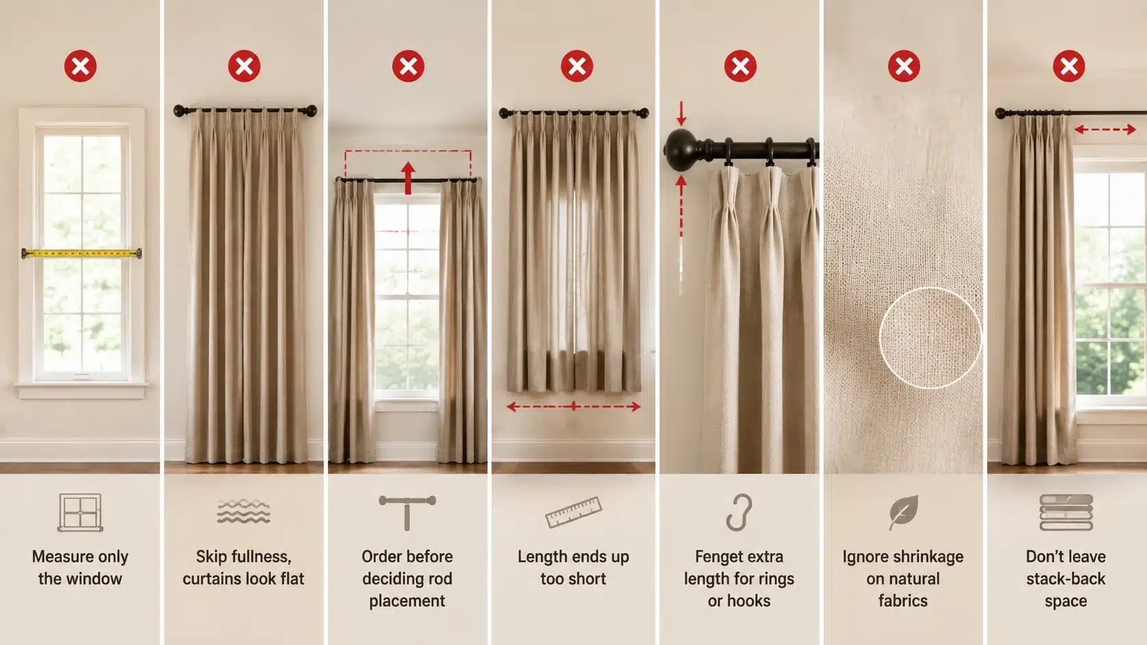 Curtain measuring mistakes shown with examples of incorrect width, length, fullness, rod placement, and fabric fitting issues