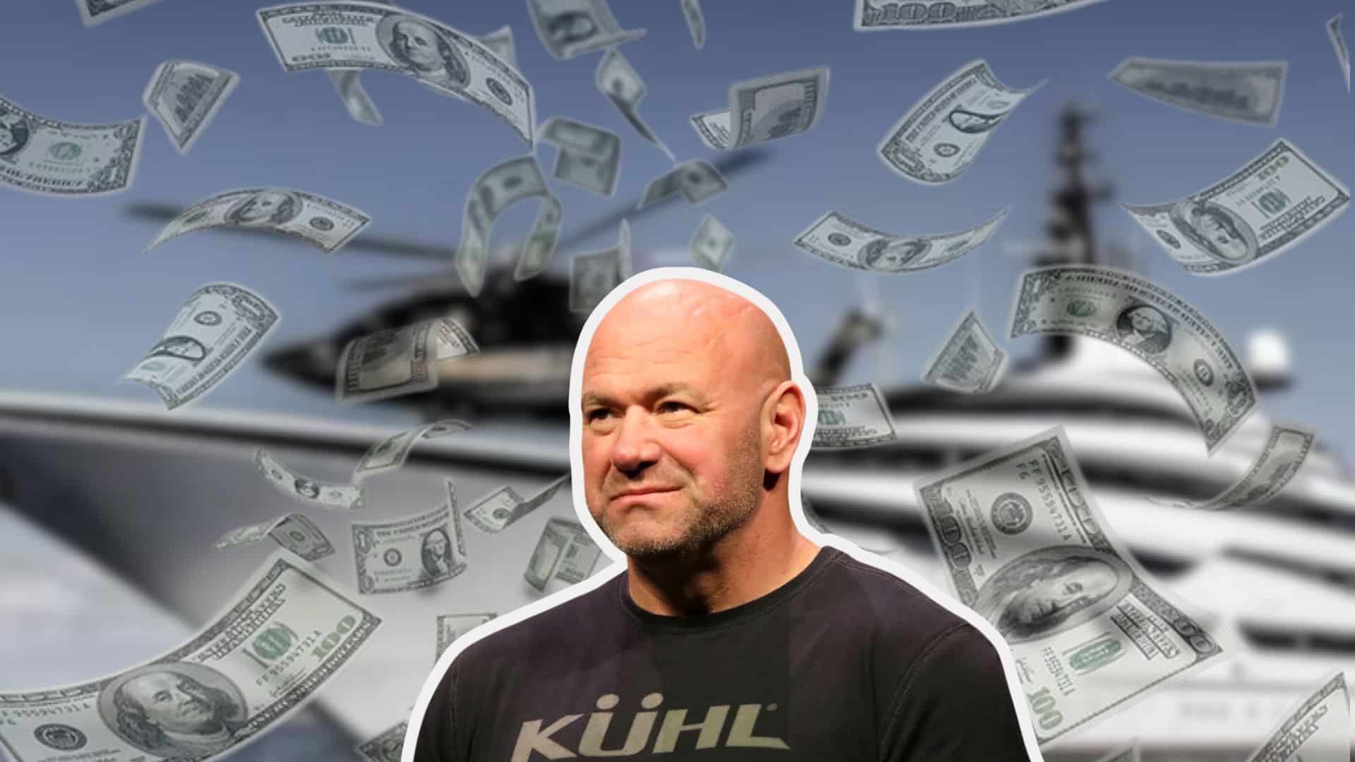 Dana White pictured with floating US dollar bills against a private jet and yacht.