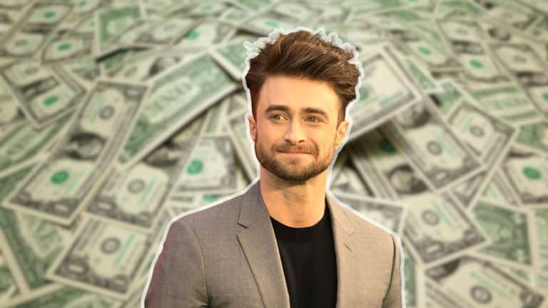 Daniel Radcliffe pictured against a background of US dollar bills.