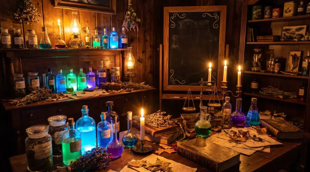 Dark apothecary Halloween themes with antique bottles, potion decor, candles, books, and mysterious vintage laboratory setup.