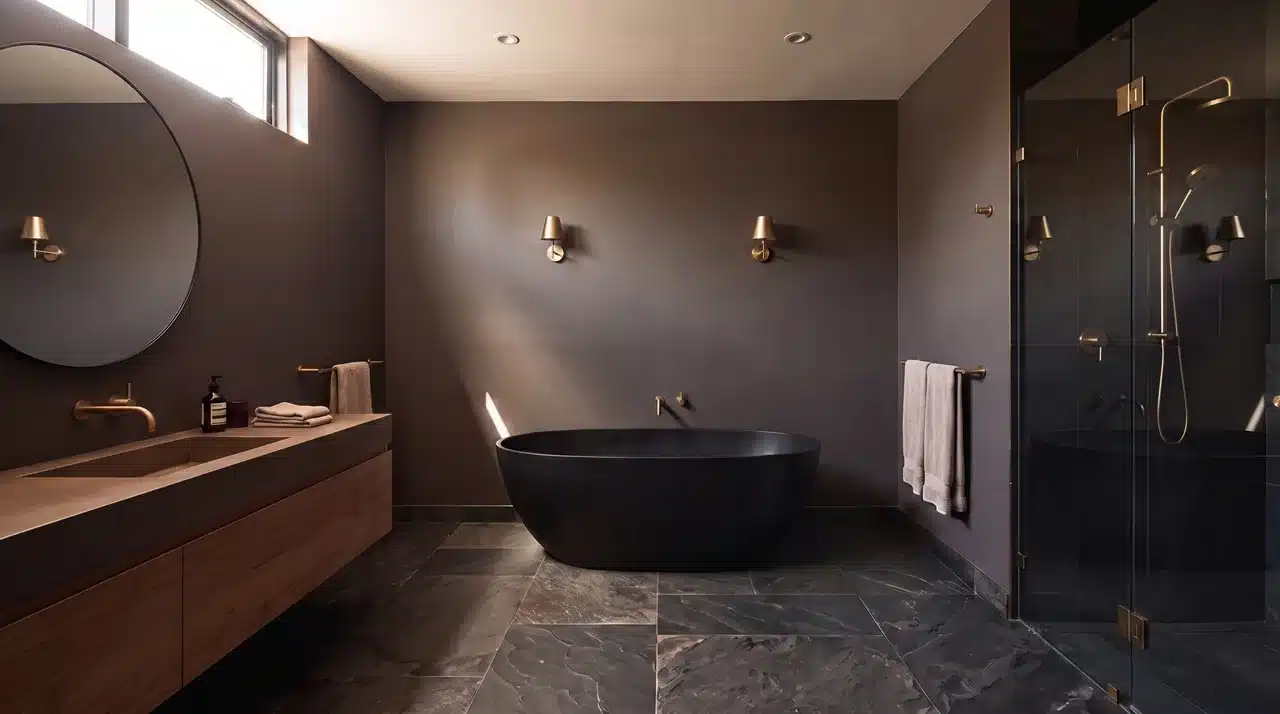 Dark bathroom featuring a black freestanding tub as the main focal point