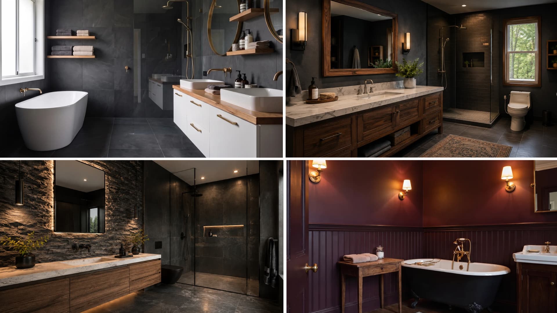 Dark bathroom design collage featuring four styles: modern black tile bathroom, warm wood and charcoal bathroom, textured stone accent wall bathroom, and vintage dark bathroom with a clawfoot tub.