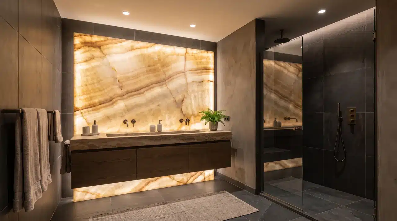 Dark bathroom with a black onyx stone backdrop behind a floating vanity