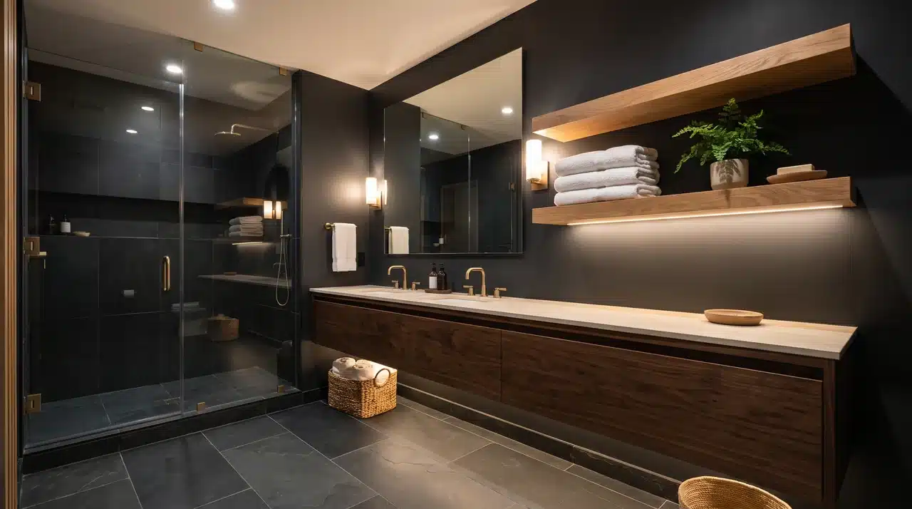 Dark bathroom with floating wood vanity, black walls, and illuminated open shelves