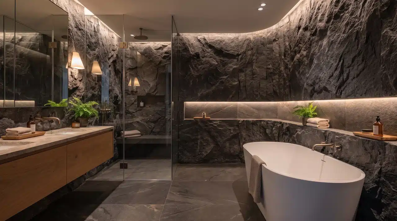 dark cave style walls in dark bathroom with rough stone walls