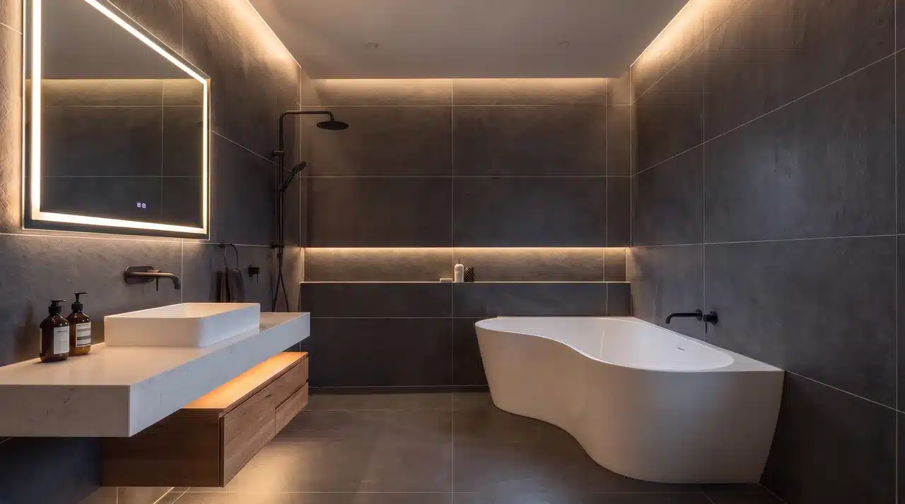 dark graphite walls in dark bathroom