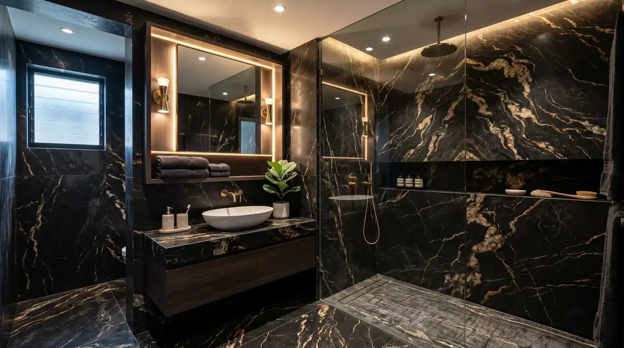 dark marble with veining in dark bathroom