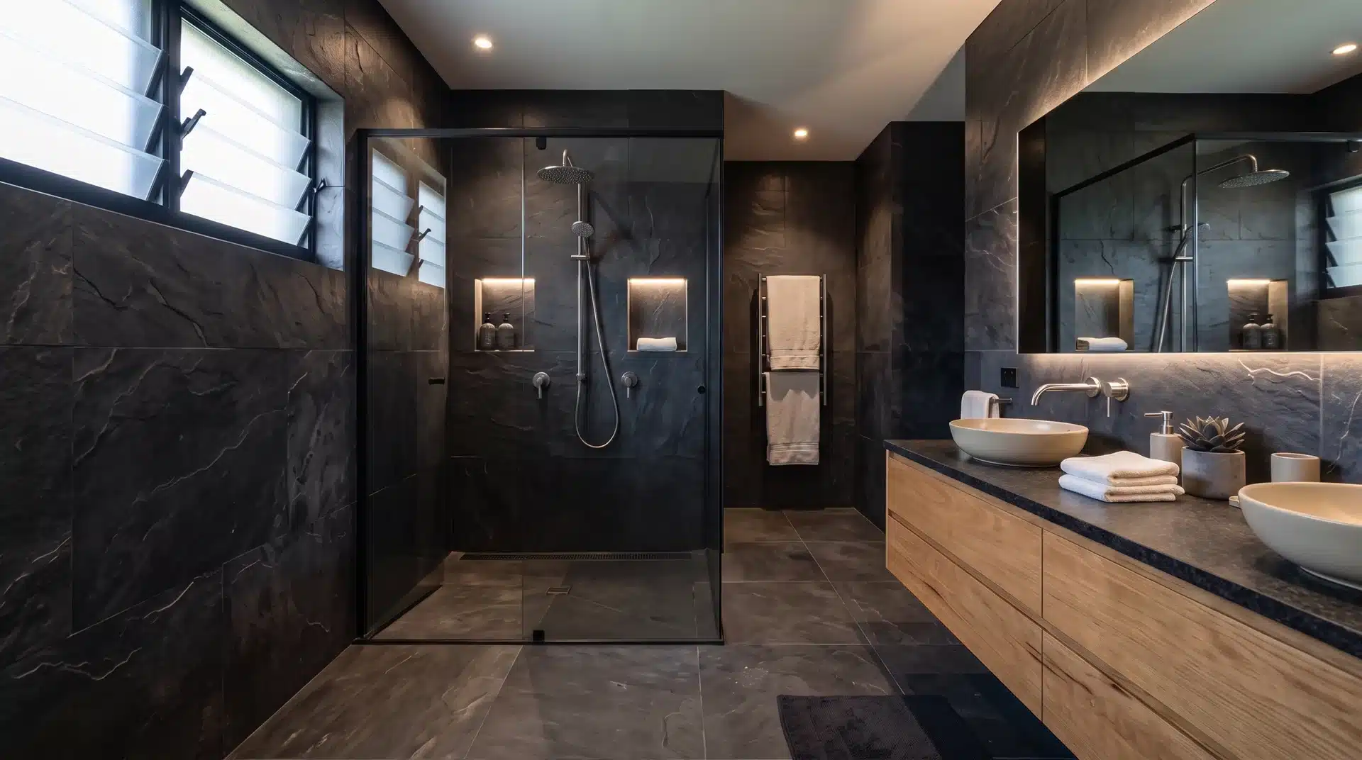 dark slate tile, floor to ceiling in dark bathroom