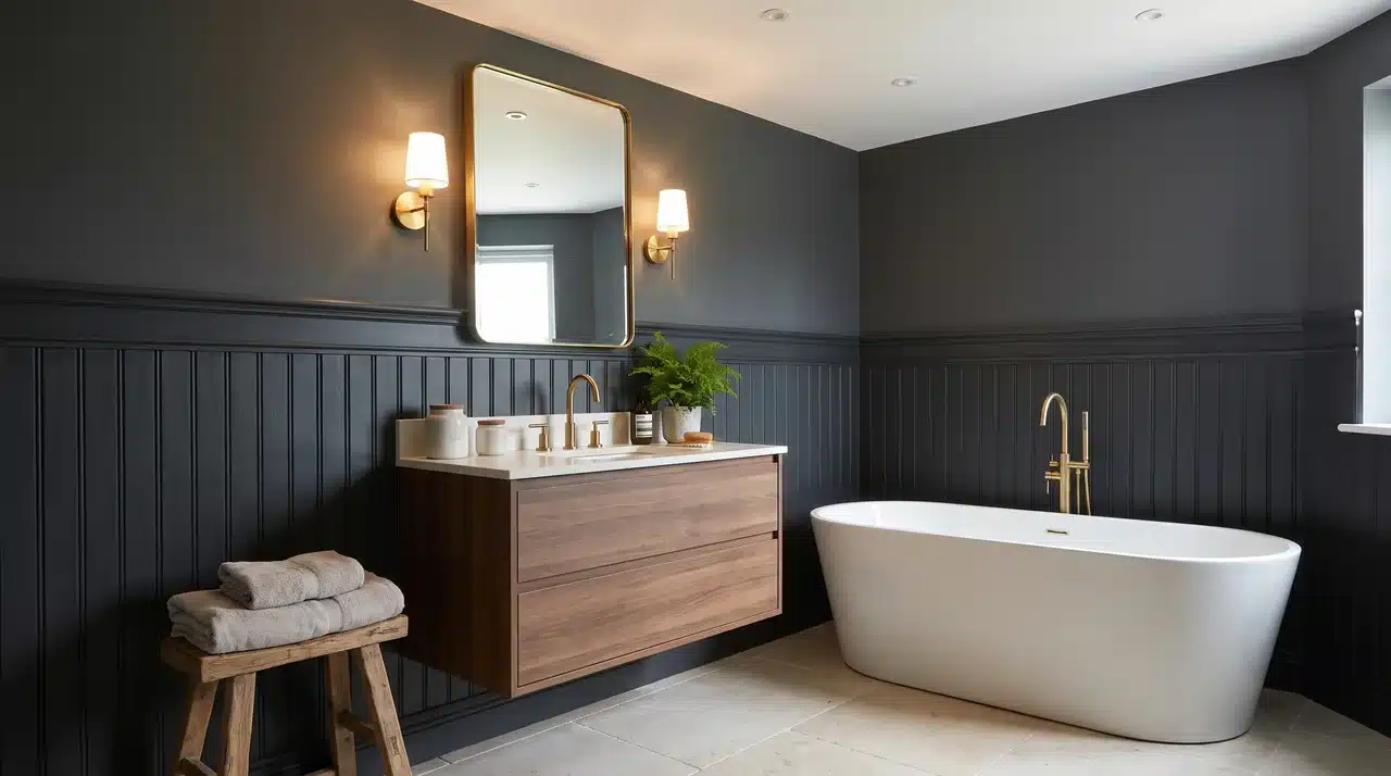 dark two tone paneling and paint in dark bathroom for small spaces