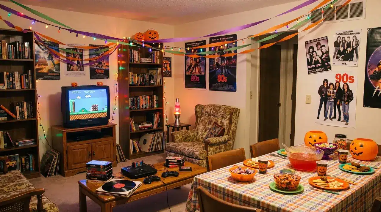 Decades Halloween themes with retro decor, vintage accents, and nostalgic party setup inside a home.