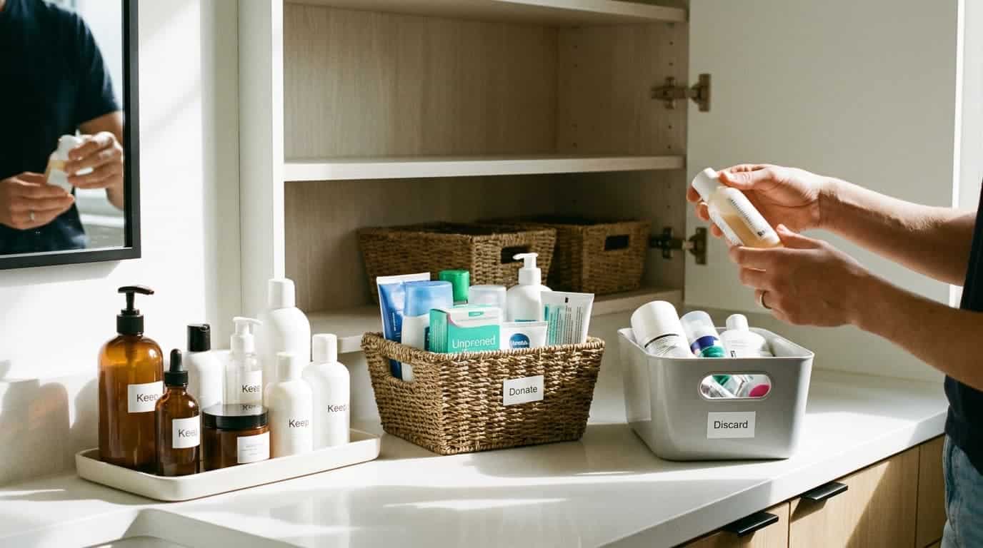Sorting bathroom products into keep, donate, and discard groups during cabinet organization.