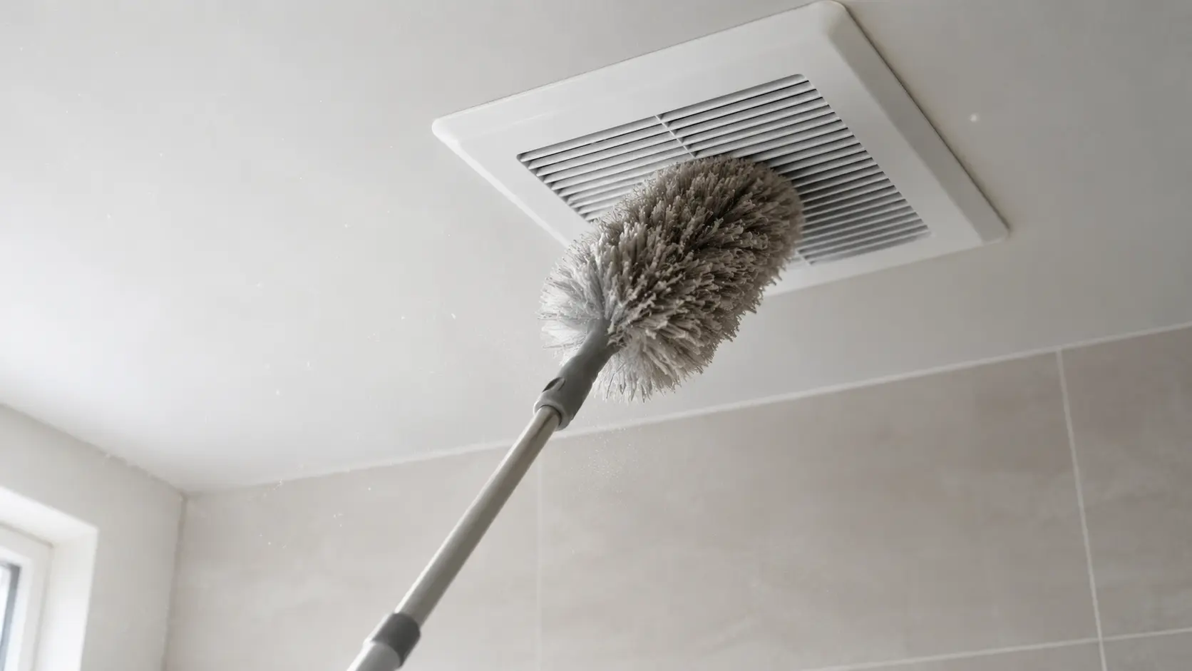 Long-handled duster cleaning a bathroom exhaust vent from ceiling to floor, the first step to deep clean a bathroom.