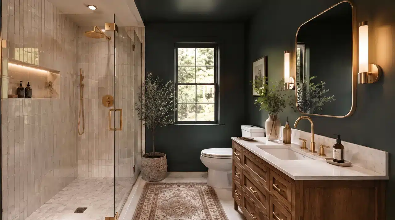 Deep forest green walls as dark bathroom idea for modern bathroom with dark green walls, wood vanity, glass shower, brass fixtures, and natural light.
