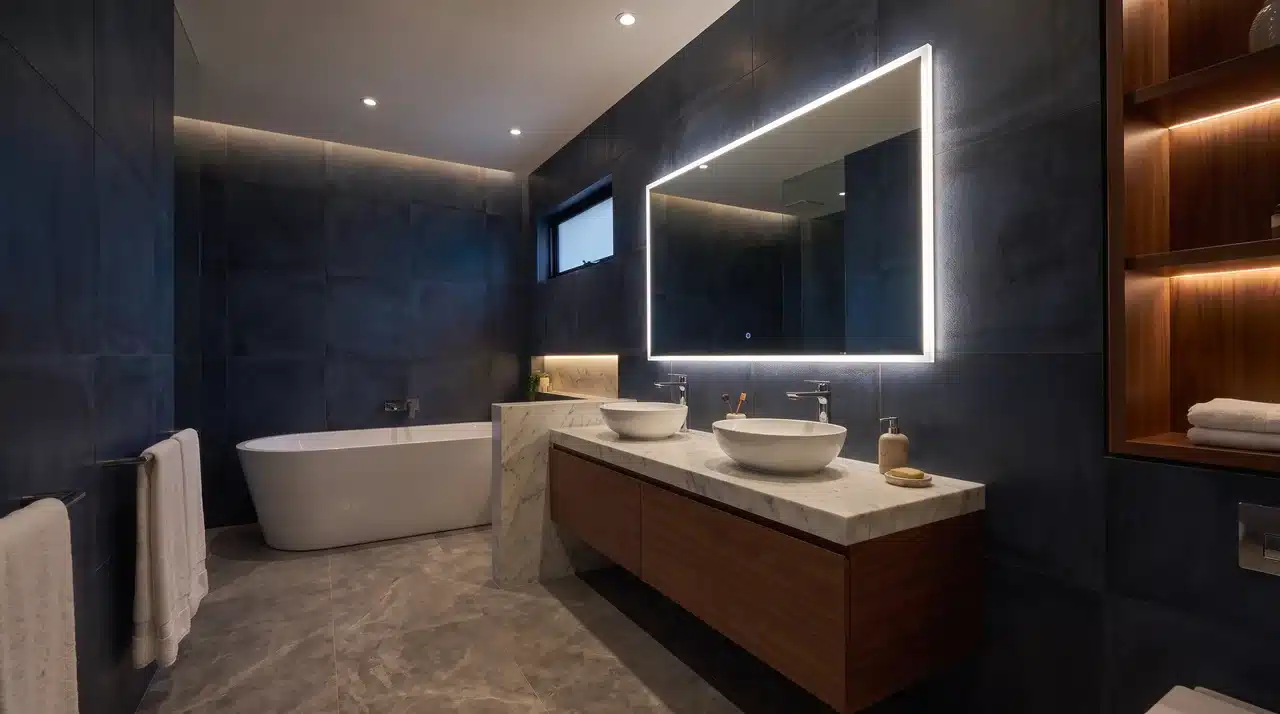 deep navy blue tiles wall in dark bathroom