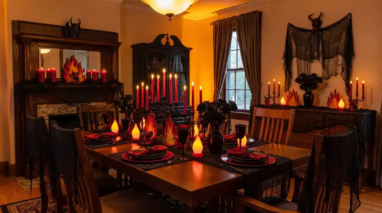 Demon and devil Halloween themes with red candles, dark decor, and dramatic party setup.