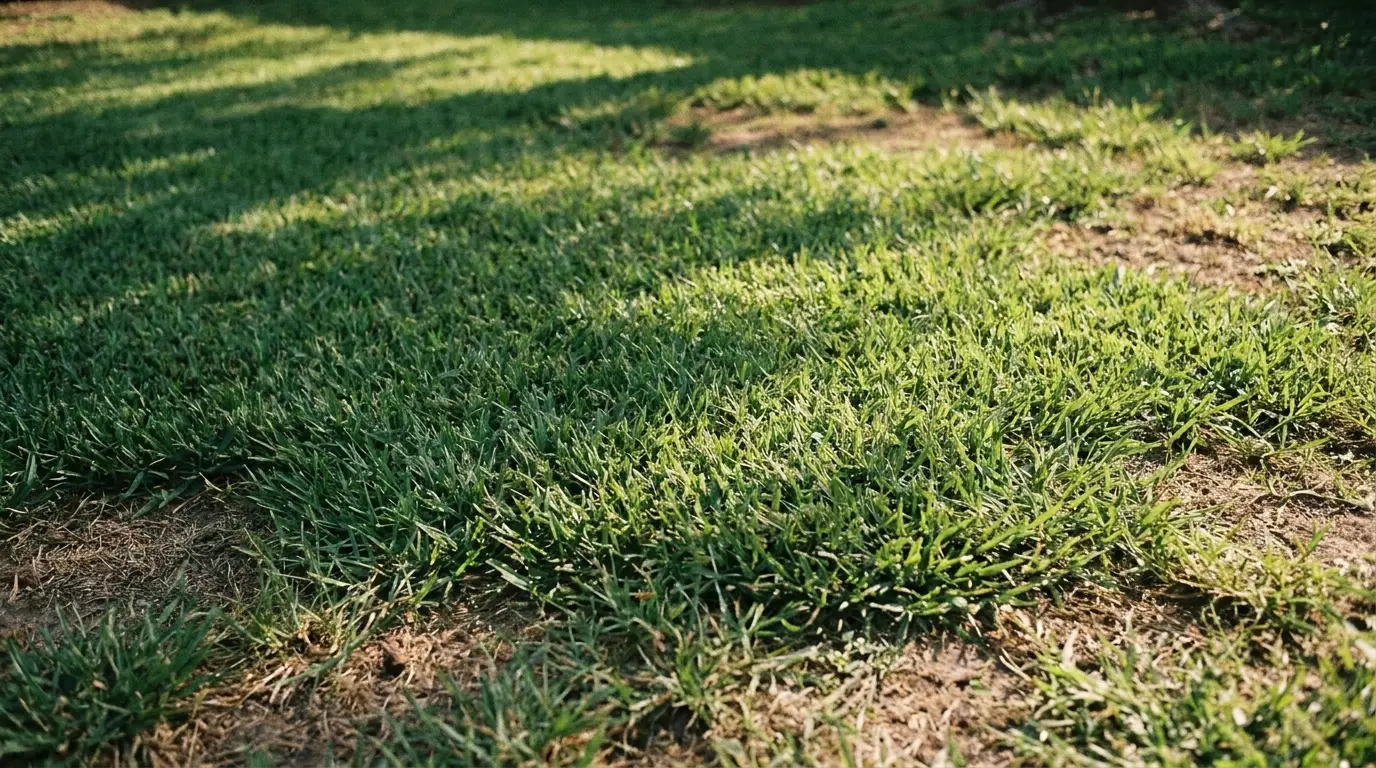 Close-up of green grass with patchy areas in dappled sunlight in a garden setting