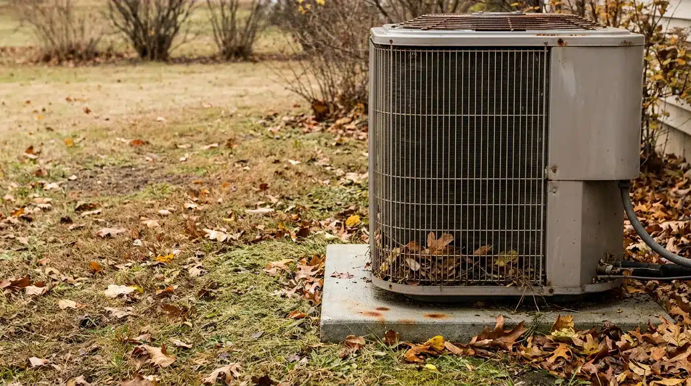 Outdoor air conditioning unit surrounded by autumn leaves on grassy area