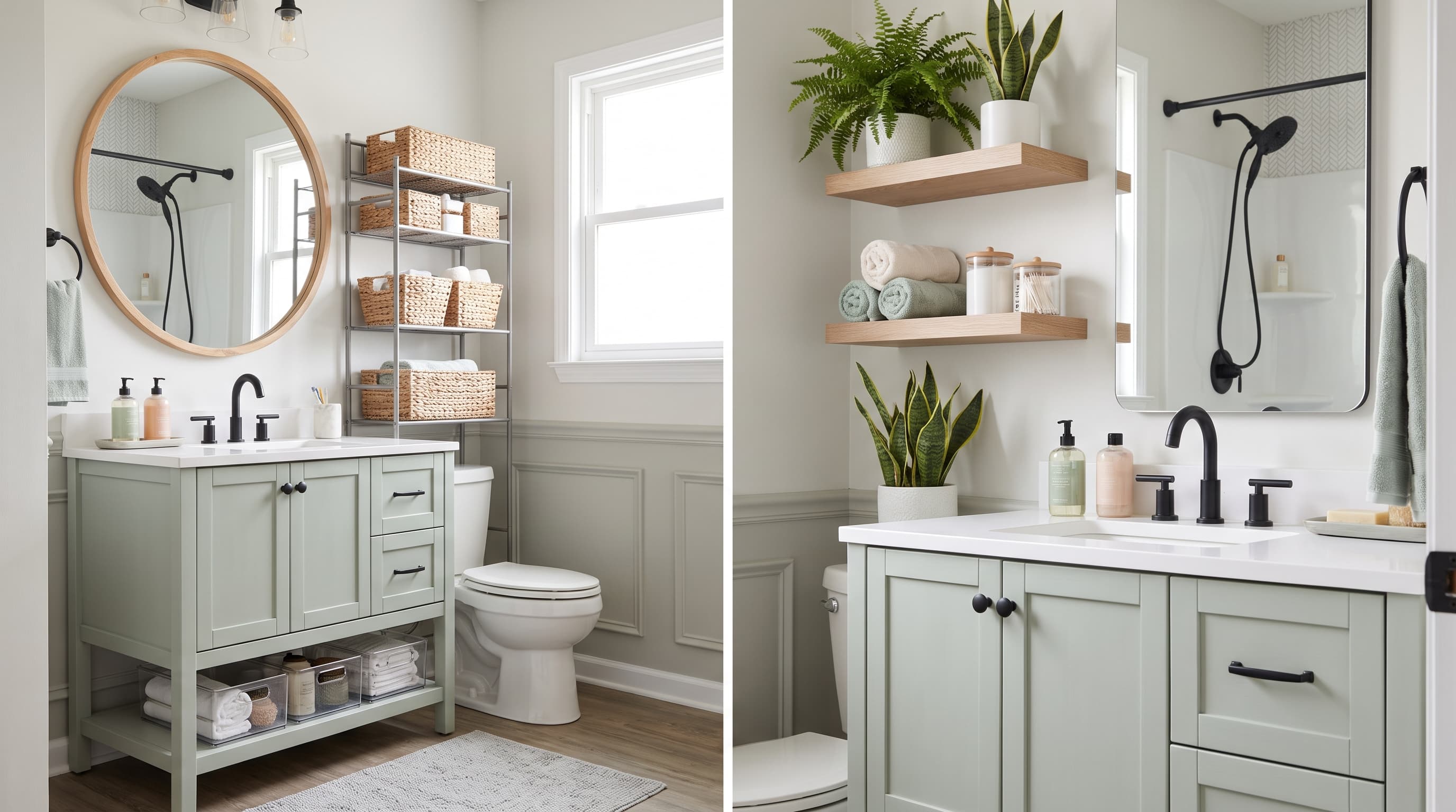 DIY bathroom improvement projects featuring updated fixtures, vanity refresh, storage solutions, and decorative upgrades.