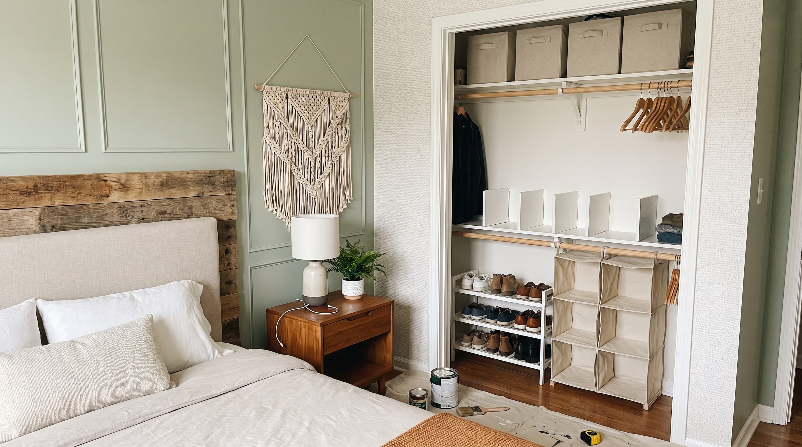 DIY bedroom improvement ideas featuring a custom headboard, closet organization, wall updates, and upgraded nightstands.