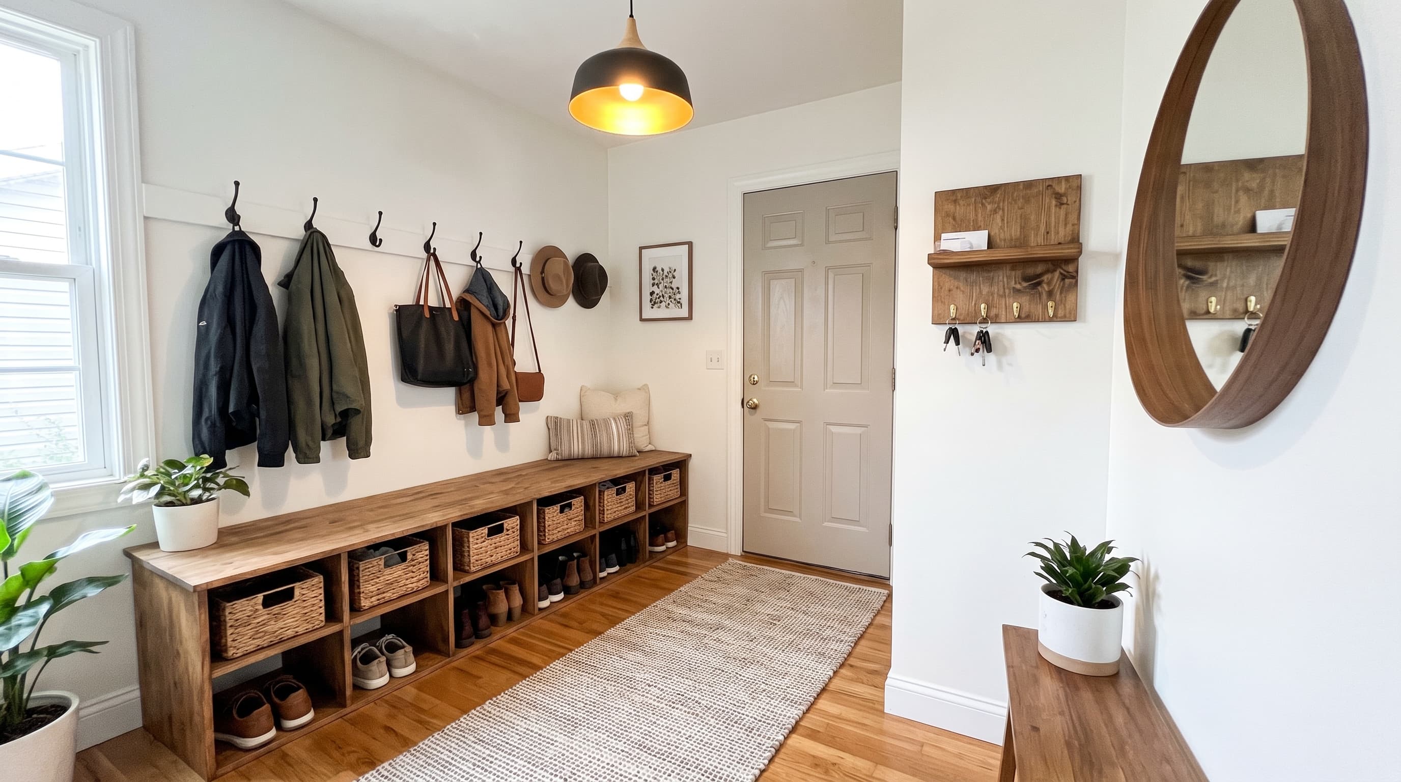 DIY entryway organization ideas featuring a storage bench, key holder, mirror, lighting, and welcoming decor updates.