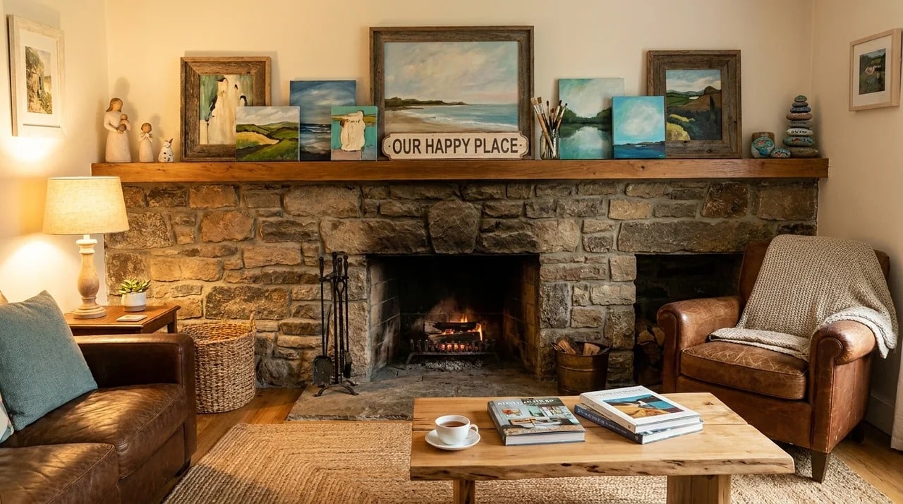 Fireplace mantel decorated with handmade DIY artwork.