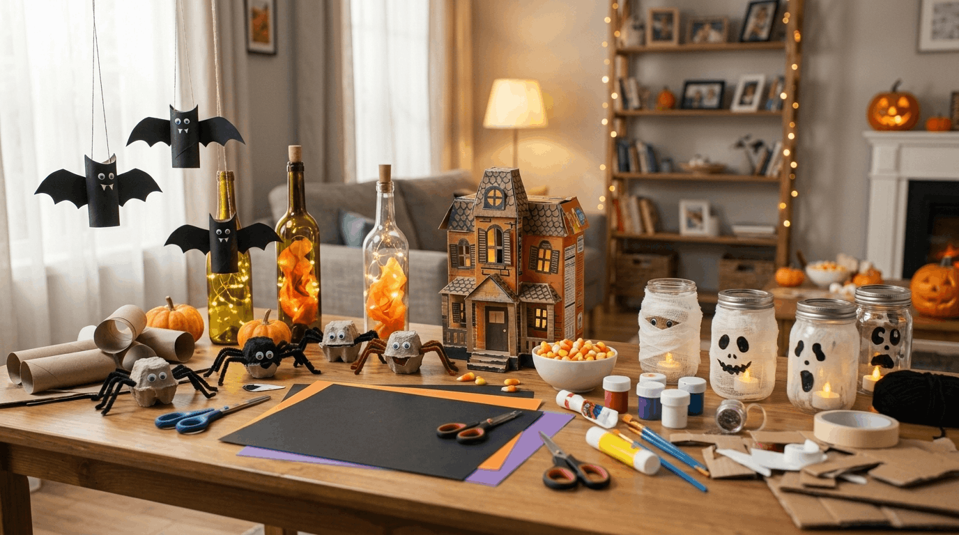 DIY Halloween decorations made from household items like paper rolls, jars, and recycled crafts.