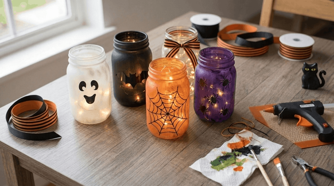 DIY Halloween mason jars with spooky painted designs