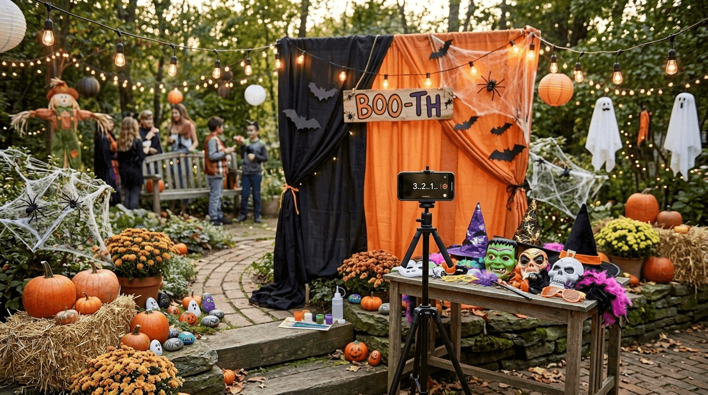 DIY Halloween photo booth with spooky props, fabric backdrop, masks, and phone tripod.