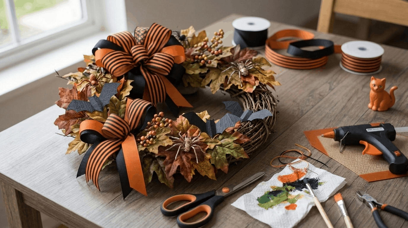 DIY Halloween wreath made with ribbons leaves and decorations