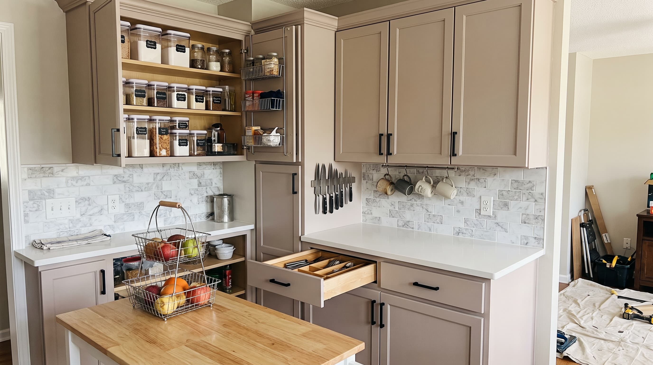 DIY kitchen improvement projects featuring painted cabinets, new hardware, pantry organization, backsplash, and storage upgrades.
