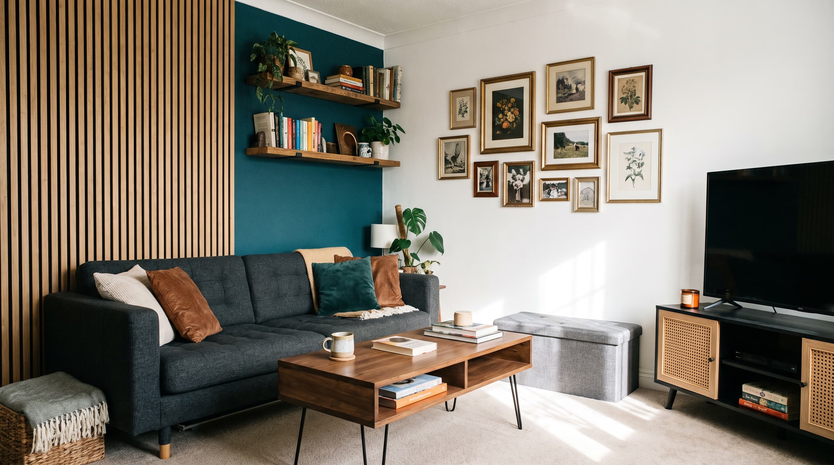 DIY living room improvement ideas featuring an accent wall, floating shelves, coffee table makeover, gallery wall, and storage solutions.