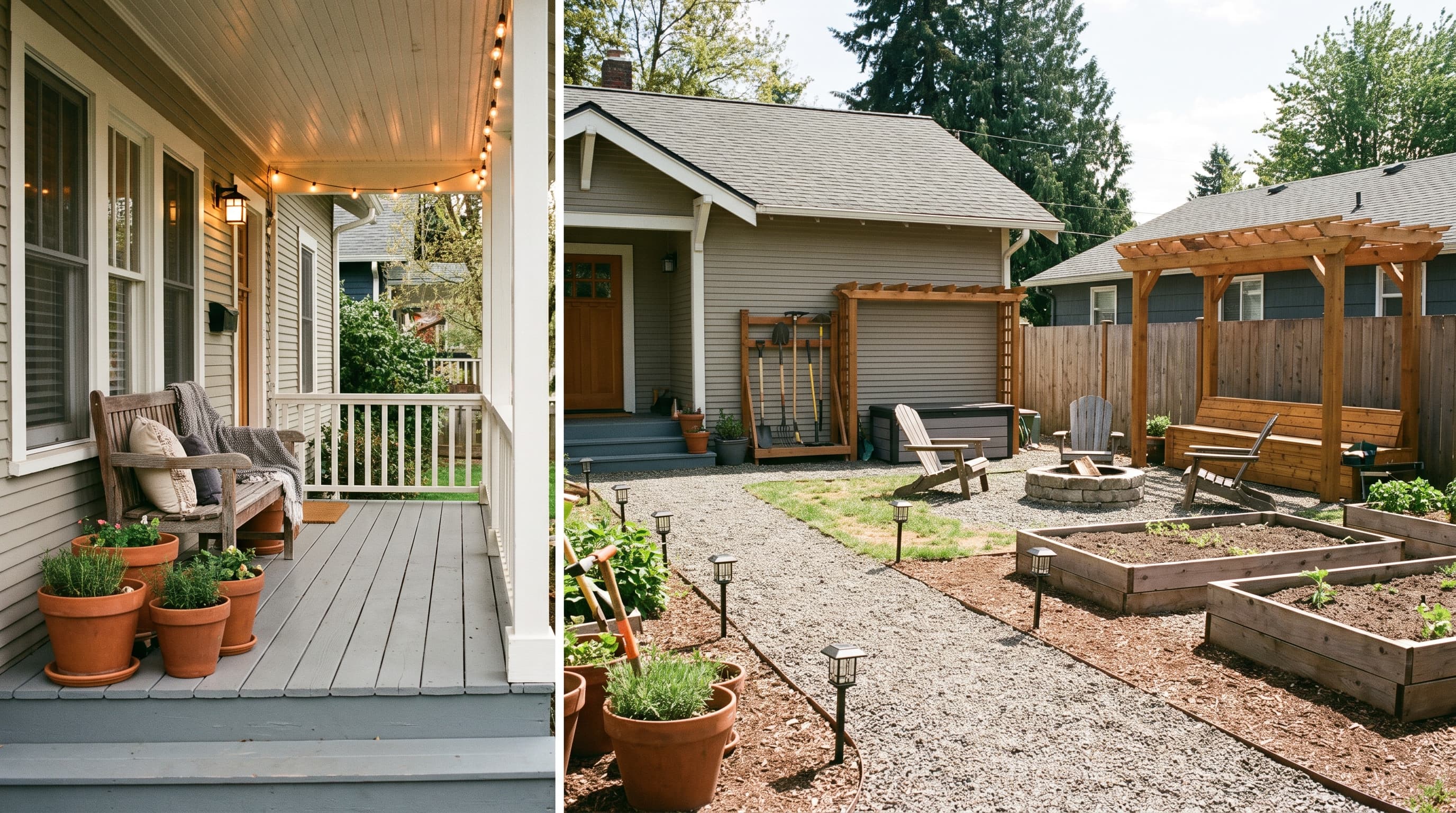 DIY outdoor home improvement projects featuring a refreshed porch, backyard upgrades, storage solutions, and outdoor lighting.