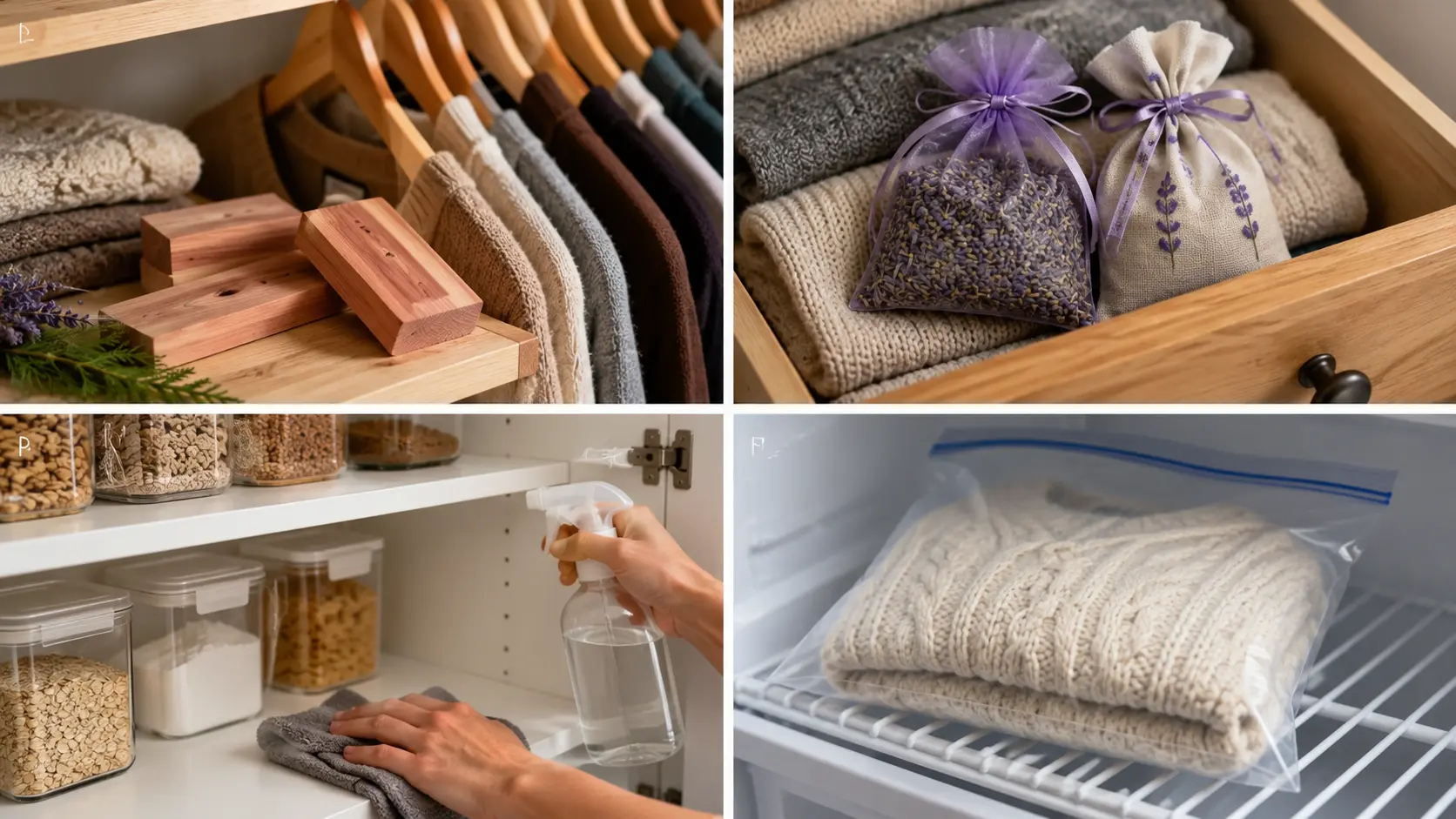 Collage showing cedar blocks, lavender sachets, pantry cleaning, and freezing wool clothes as natural moth-control methods