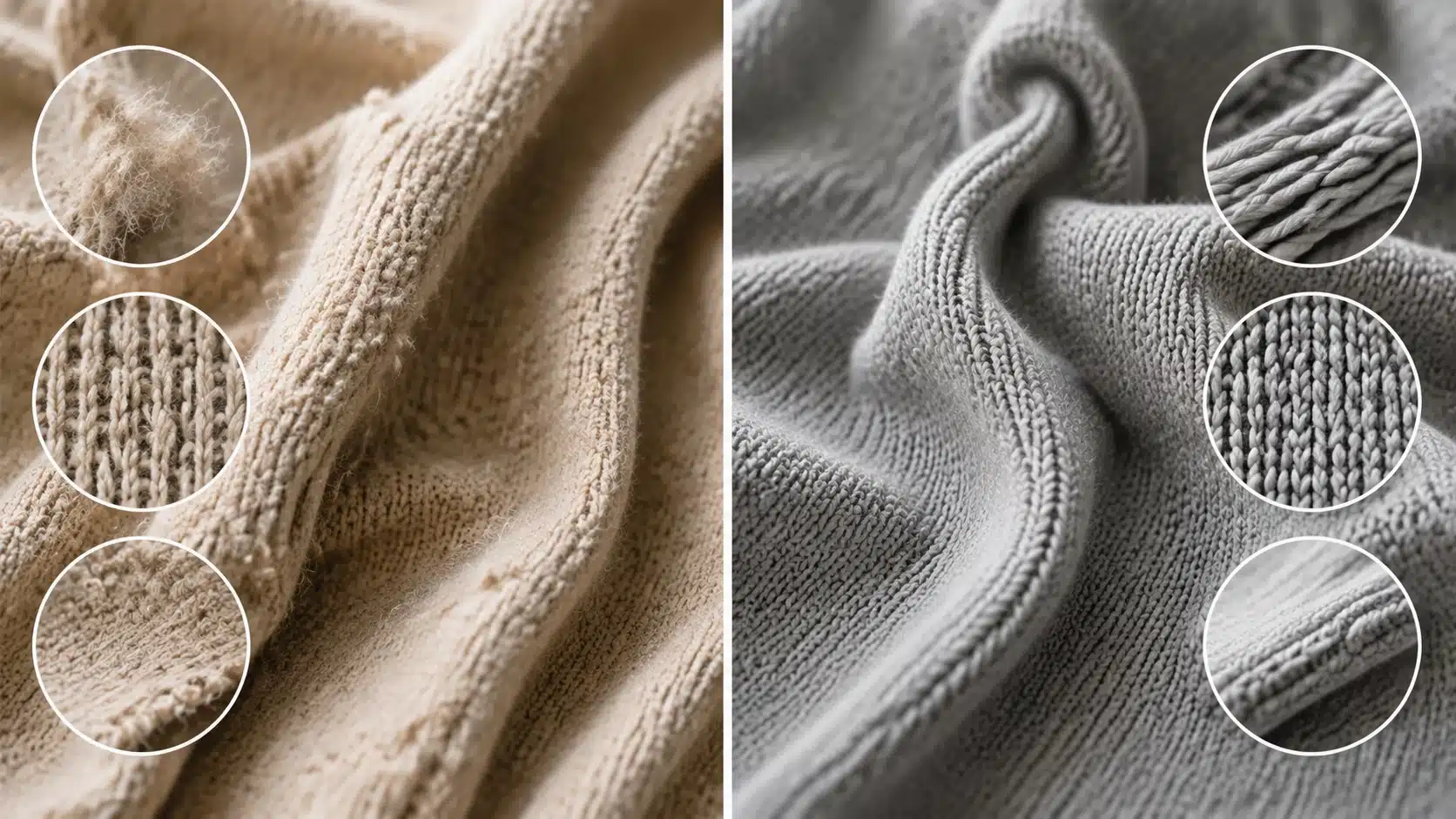 Comparison of low and high quality fabric fibers showing pilling, loose weave, and dense smooth textile construction