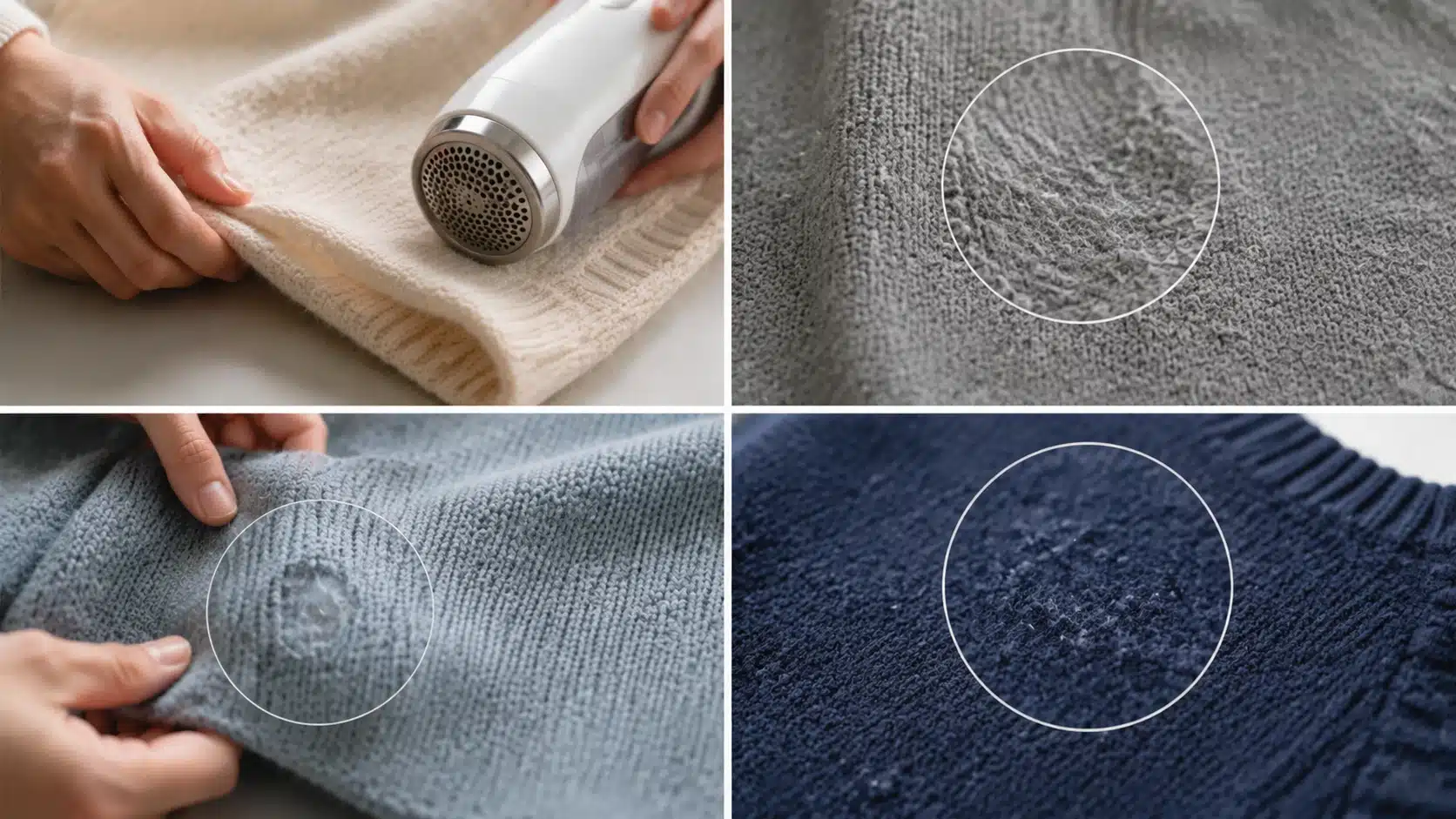 Close-up fabric care showing safe pilling removal and signs of clothing damage from over-shaving