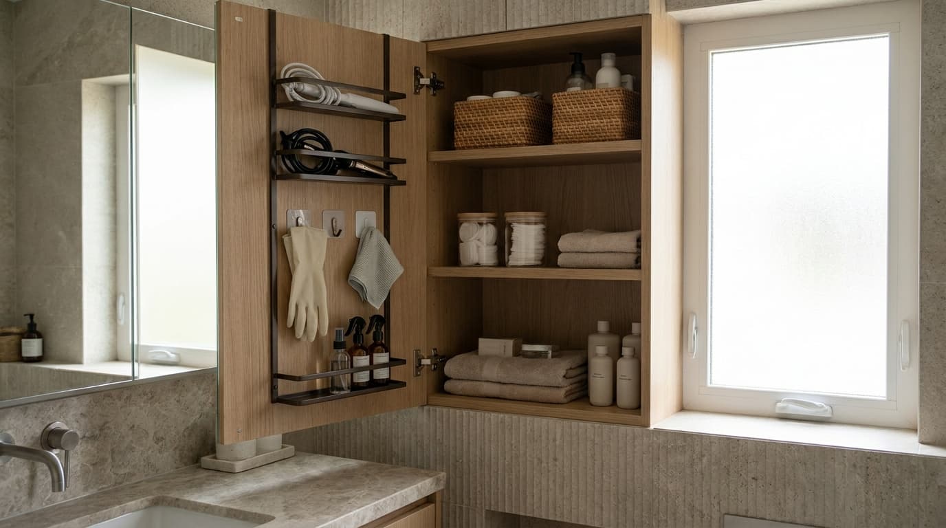 Bathroom cabinet door with slim storage rack holding hair tools and cleaning supplies.