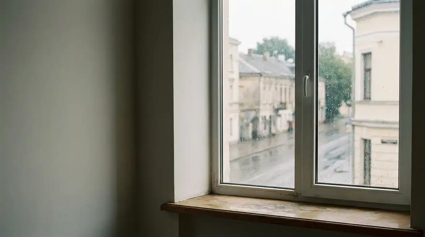 Rainy day view through a window with wooden sill in a bright room