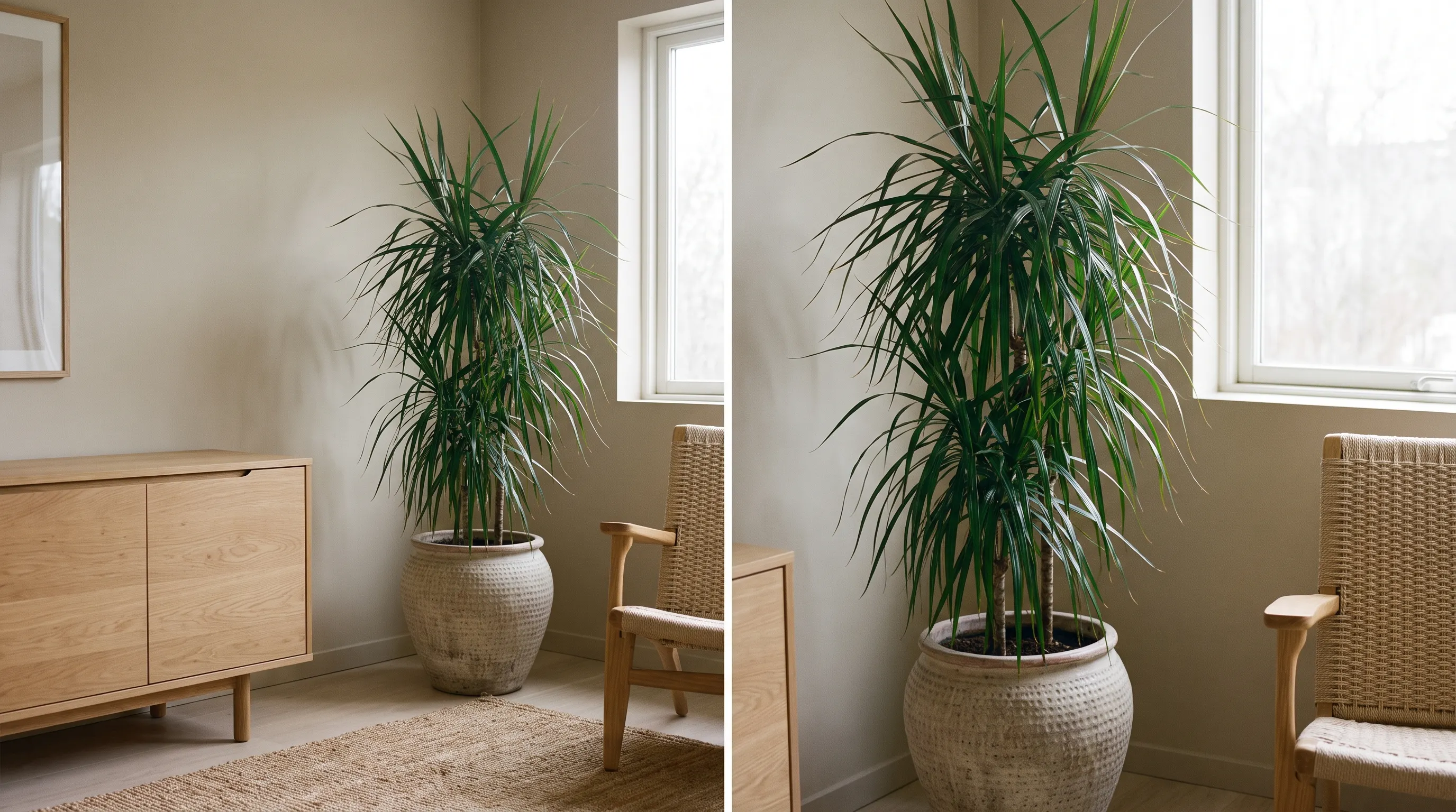 Tall dracaena plant growing in a low light office corner