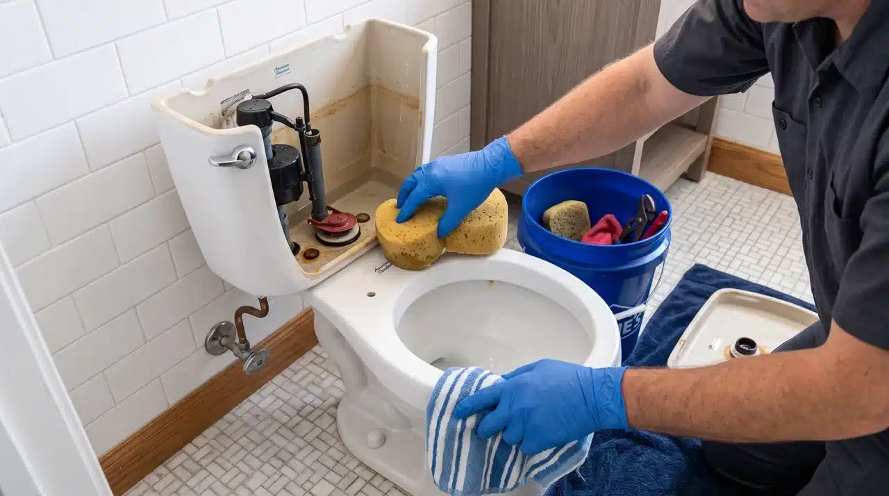 Draining a toilet tank with the water supply turned off before repairs.