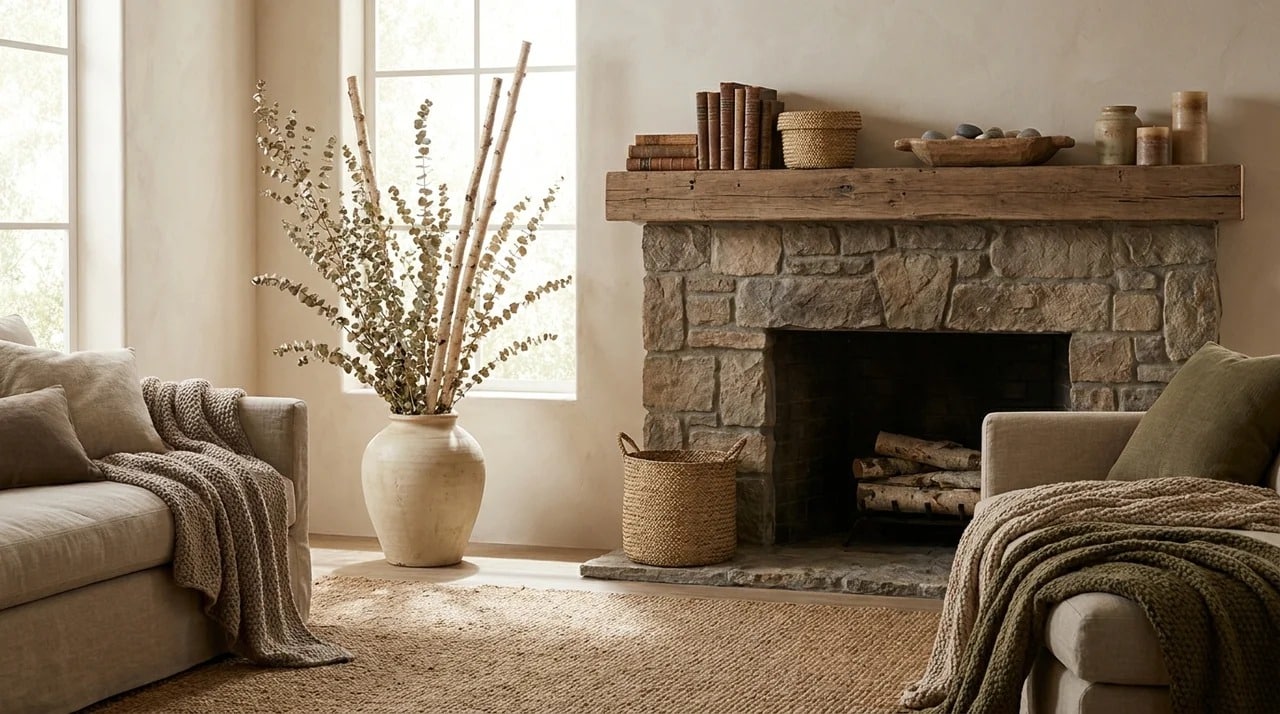 Fireplace mantel decorated with dried branches and natural elements.