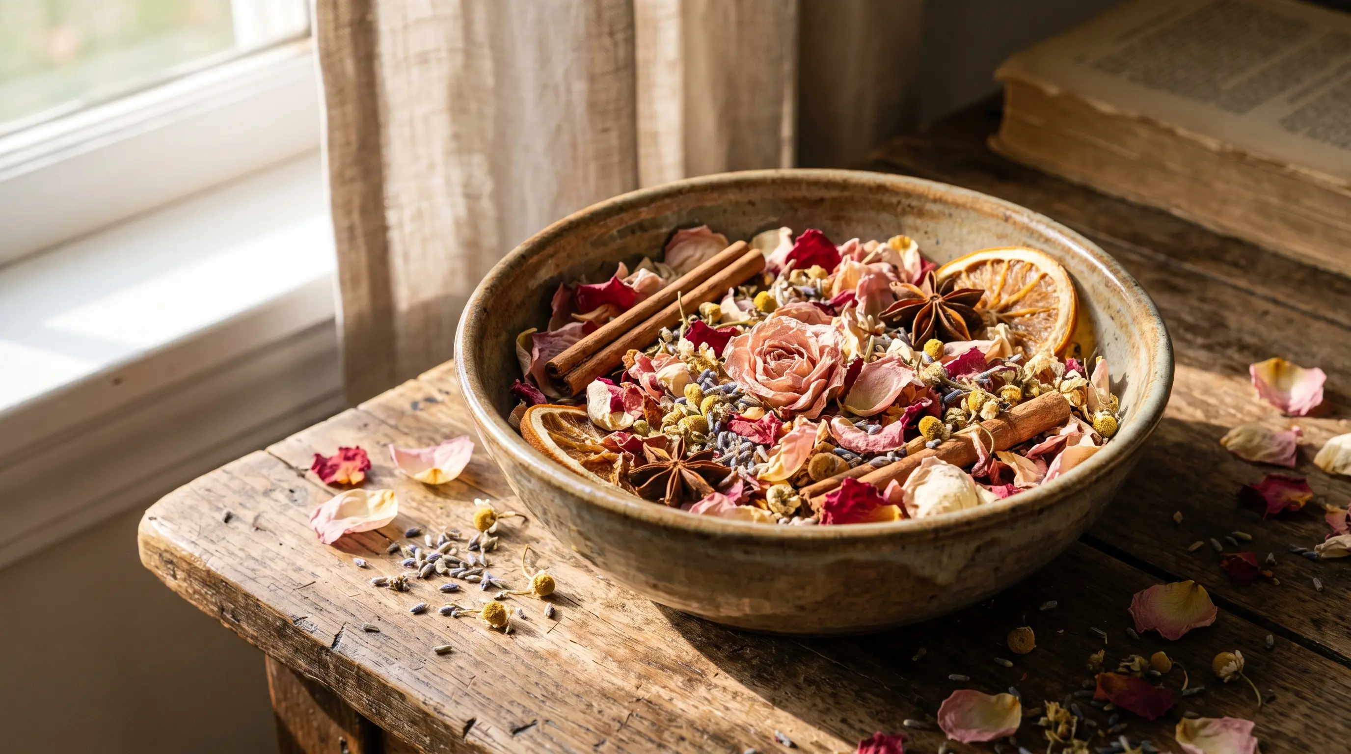 Dried rose petal potpourri with flowers and spices arranged in a decorative bowl