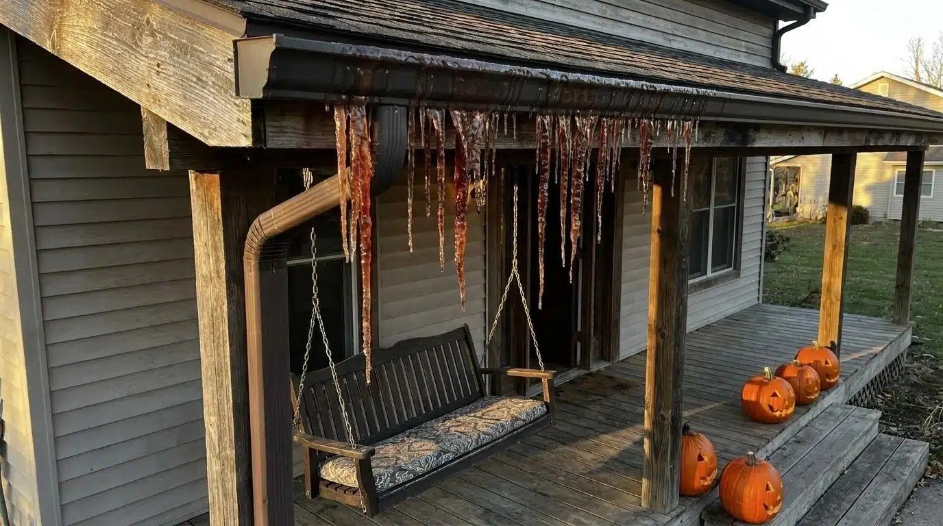 Red glue drips on a porch gutter edge