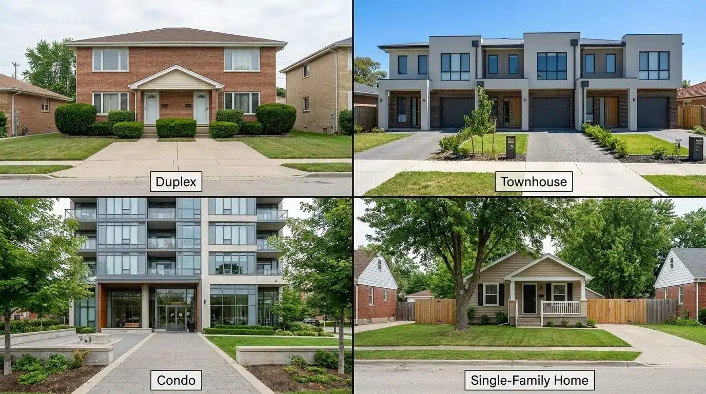 Four-panel collage comparing duplex, townhouse, condo, and single-family homes.