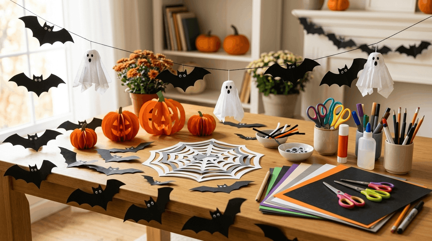 Easy Halloween paper crafts with bats, ghosts, pumpkins, garlands, and spider webs.