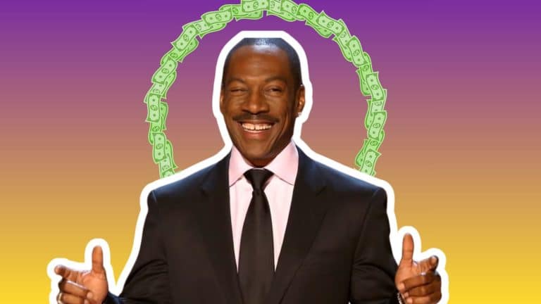 Picture of Eddie Murphy with Ring of Dollars behind him.