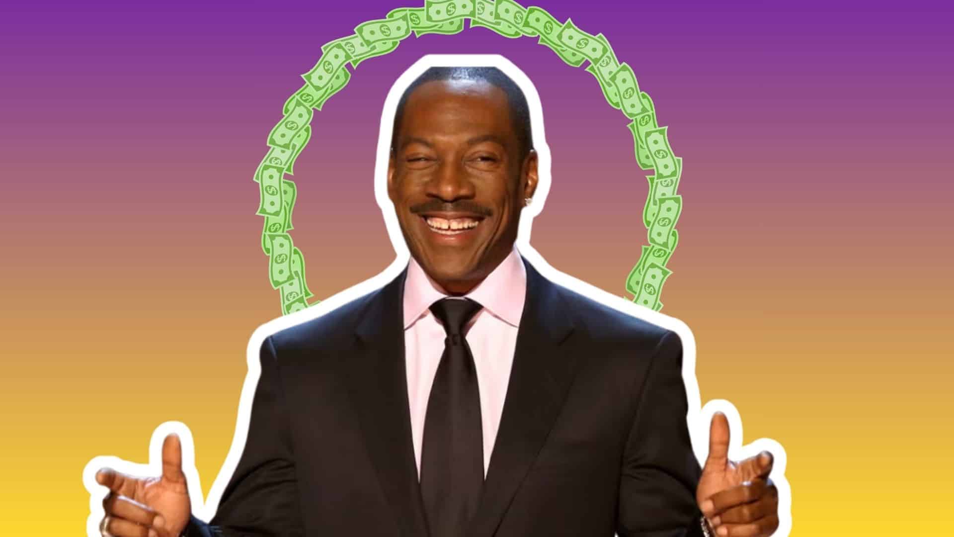 Picture of Eddie Murphy with Ring of Dollars behind him.
