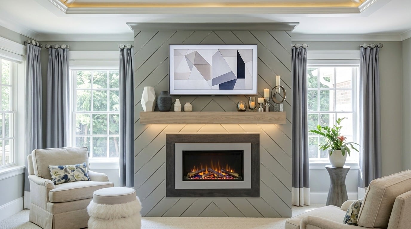 Modern electric fireplace mantel decorated with contemporary accessories.