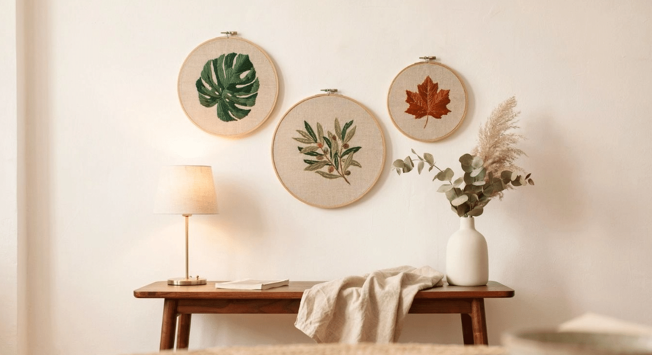 Embroidery hoop leaf art hanging on a living room wall